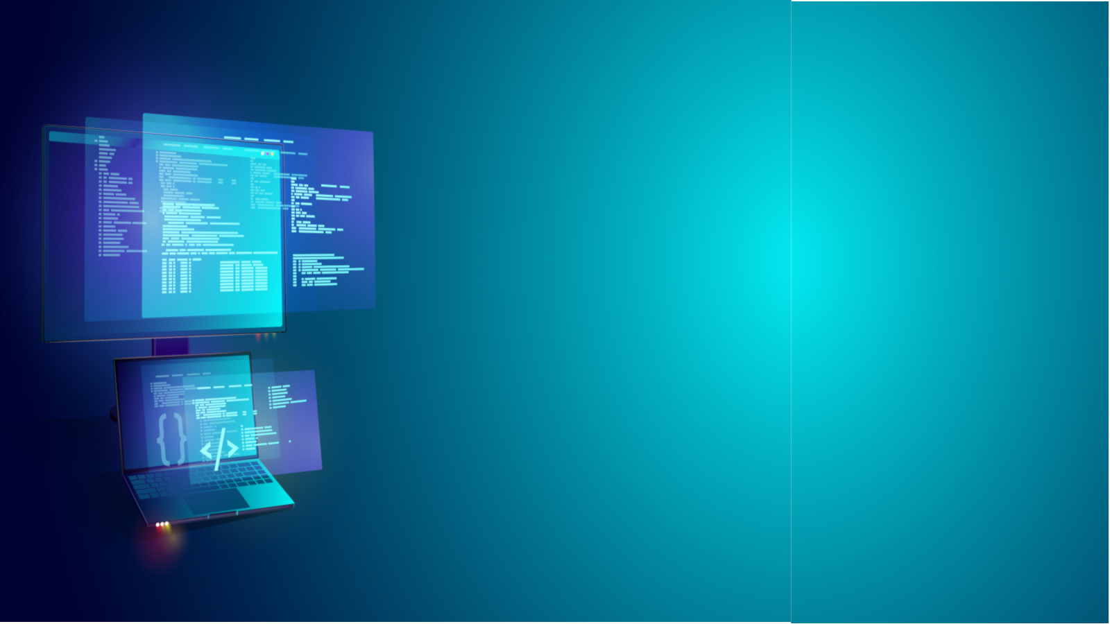 two computers on a blue background with their screens projected in front as an abstract